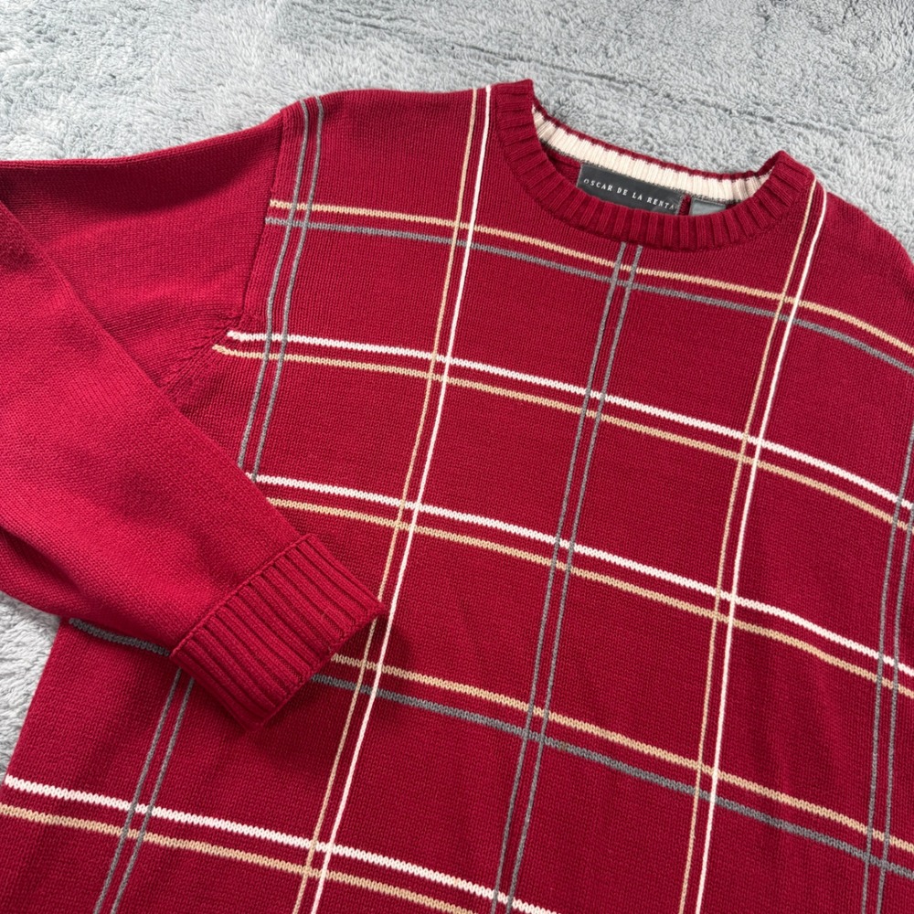 Oscar de la Renta Mens Red Plaid Crewneck Cotton Knit Sweater Large